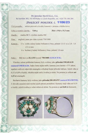 Zlatý prsten se smaragdy a diamanty, vel. 54