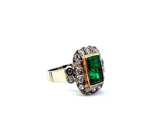 Art deco prsten s diamanty a smaragdem, vel. 56