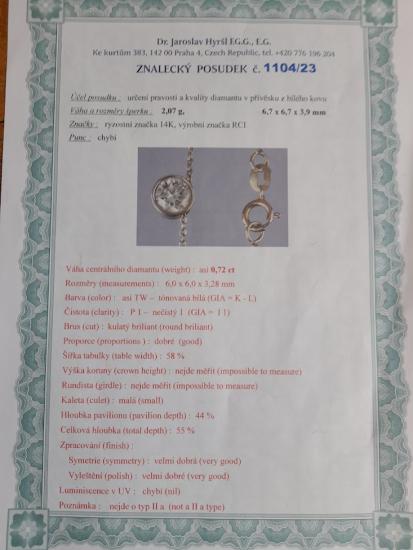 Zlatý řetízek s přívěsem, briliant 0,72 ct