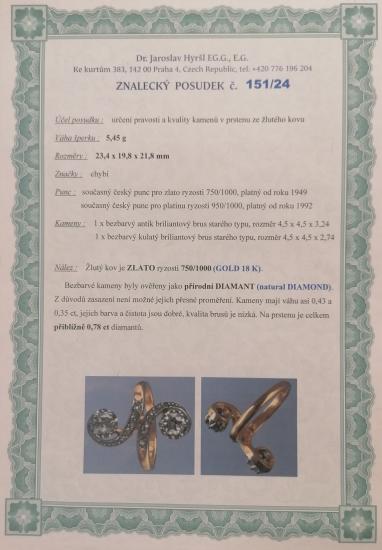 Starožitný zlatý prsten s diamanty, vel. 52