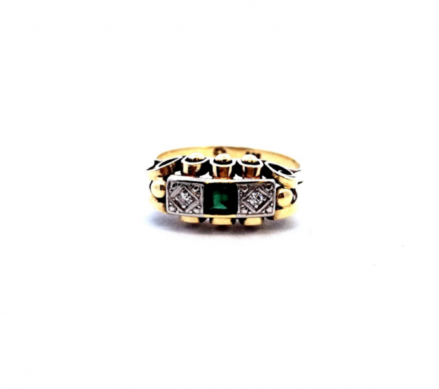 Prsten ze žlutého zlata s olivínem a diamanty, Art deco, vel. 59