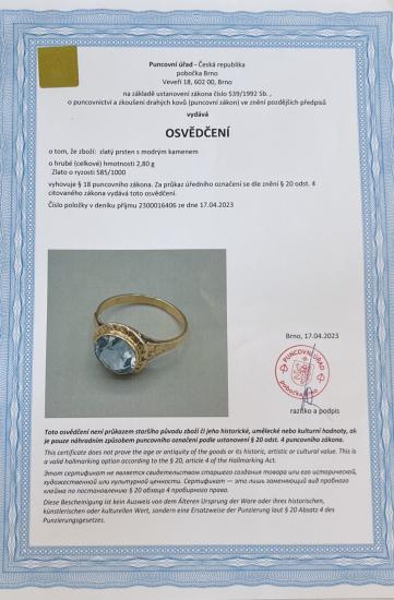 Starožitný zlatý prsten s modrým kamenem - topaz, vel. 53