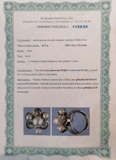Zlatý prsten s perlami a diamanty, vel. 52