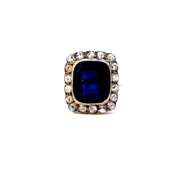 Starožitný prsten s diamanty a safírem, vel. 56
