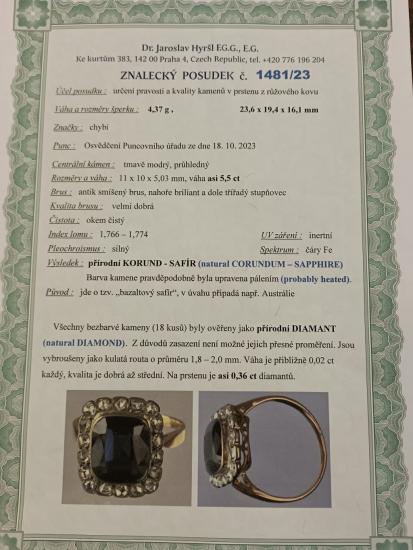 Starožitný prsten s diamanty a safírem, vel. 56