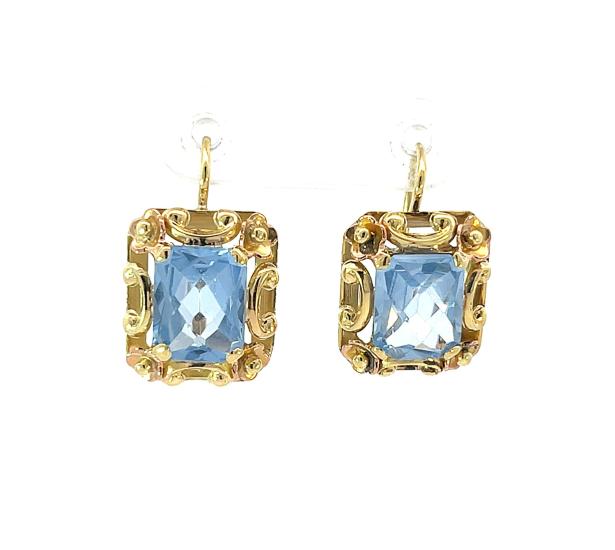Starožitné zlaté náušnice s akvamaríny, první republika, visací - 1 Starožitné zlaté náušnice s akvamaríny, první republika, visací - 1