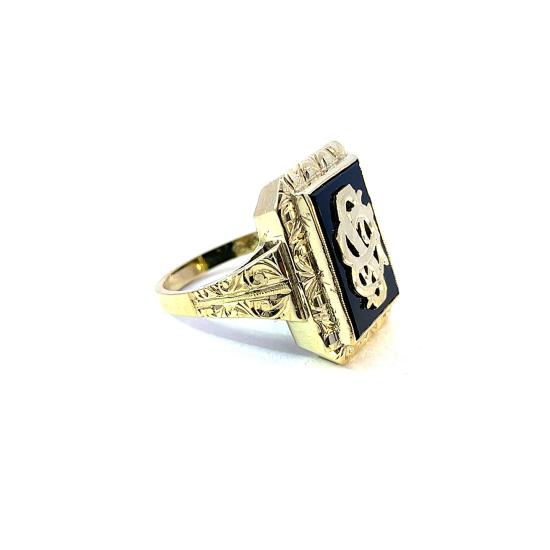 Starožitný zlatý prsten s onyxem a monogramem, vel. 59 - 5 Starožitný zlatý prsten s onyxem a monogramem, vel. 59 - 5