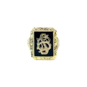 Starožitný zlatý prsten s onyxem a monogramem, vel. 59