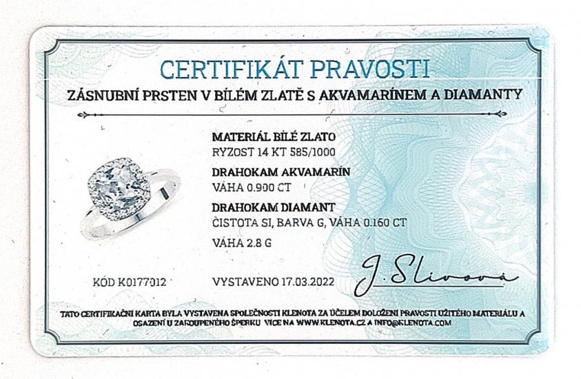 Zlatý prsten s akvamarínem a diamanty, vel. 52
