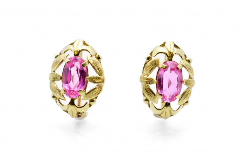 Zlaté náušnice s růžovým kamenem, visací