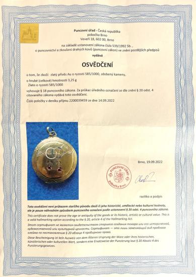 Zlatý medailonek - otevírací s červenými kamínky a smaltem
