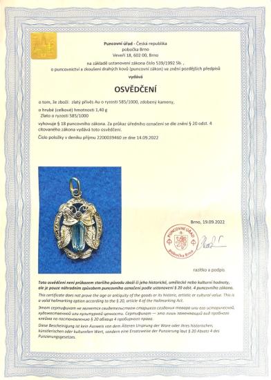 Starožitný zlatý přívěsek s modrým kamenem - topaz