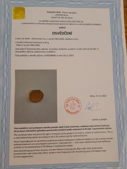 Zlatý prsten s mincí, vel. 56