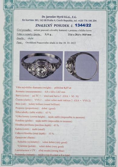 Art deco - platinový prsten s brilianty, vel. 54