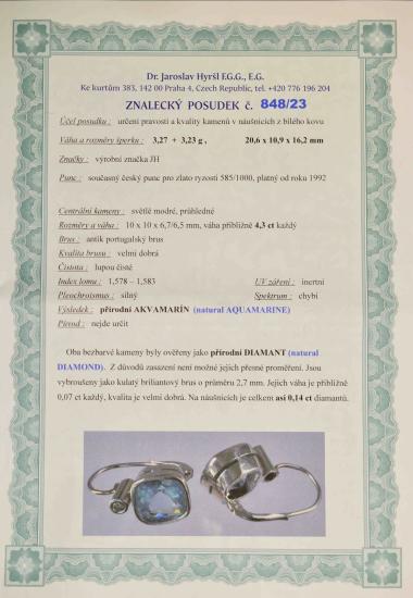 Zlaté náušnice s akvamaríny a diamanty, visací