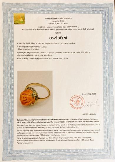 Starožitný zlatý prsten s korálem - růžička, vel. 55