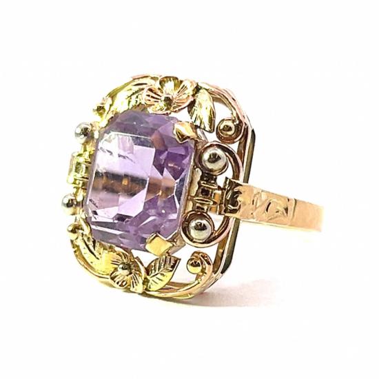 Starožitný zlatý prsten s ametystem, vel. 56
