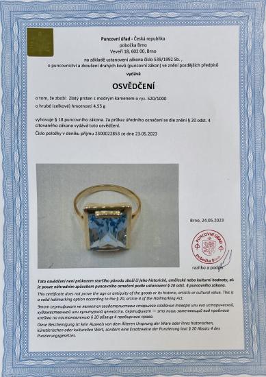 Zlatý prsten s modrým kamenem - topaz, vel. 58