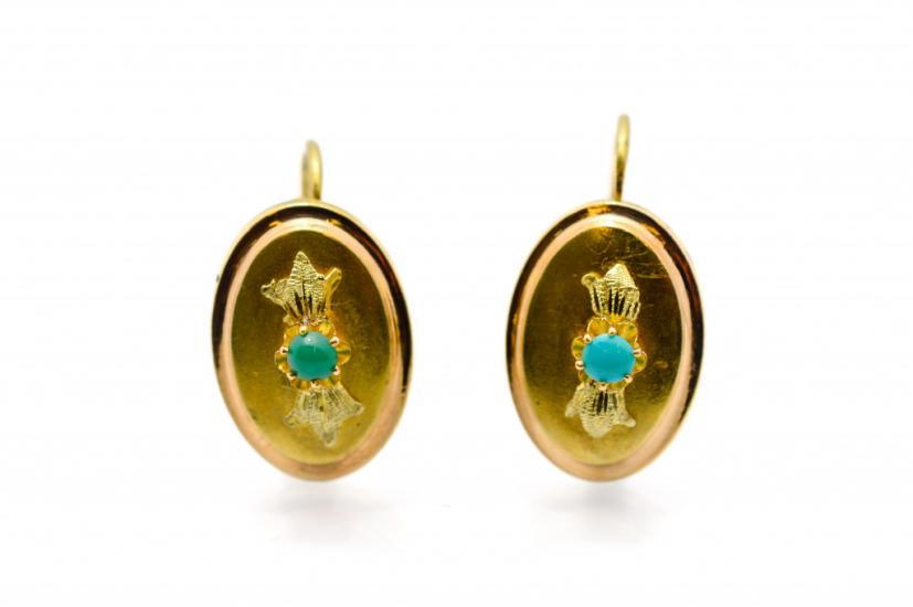 Starožitné zlaté náušnice se zeleným kamínkem, Biedermeier, visací