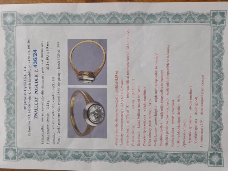 Starožitný zlatý prsten s diamantem, vel. 53