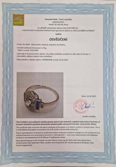 Art deco prsten s diamanty a safírem, vel