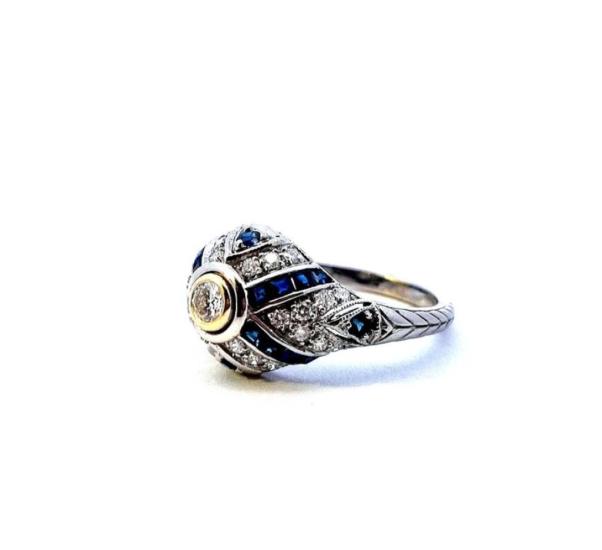 Art deco prsten s diamanty a safíry, vel. 54