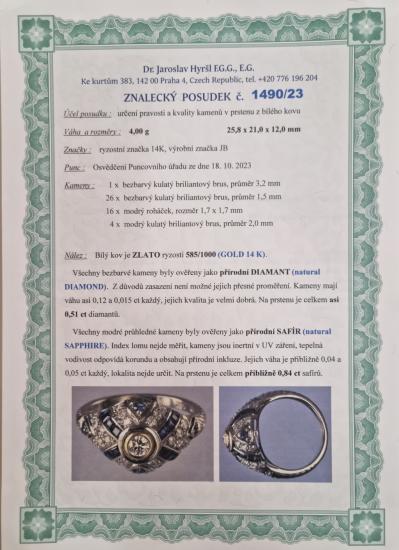 Art deco prsten s diamanty a safíry, vel. 54