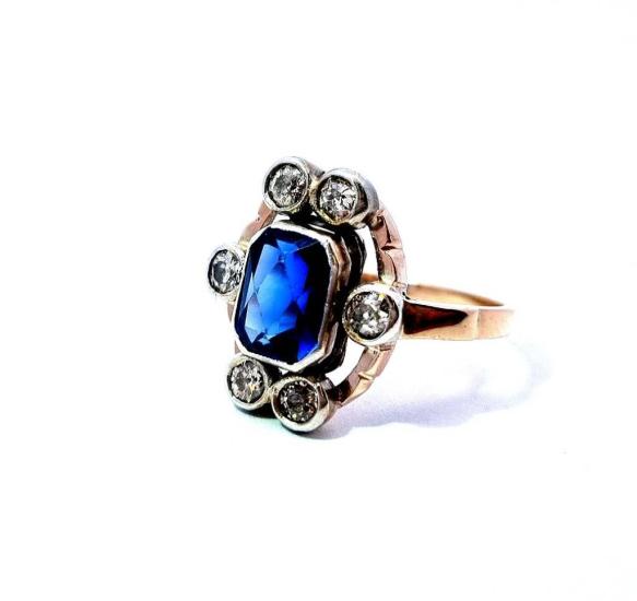 Starožitný prsten se safírem a diamanty, vel. 54