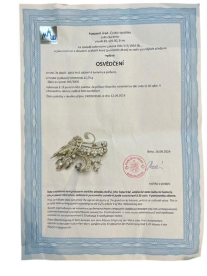 Zlatá brož s perlami a diamanty