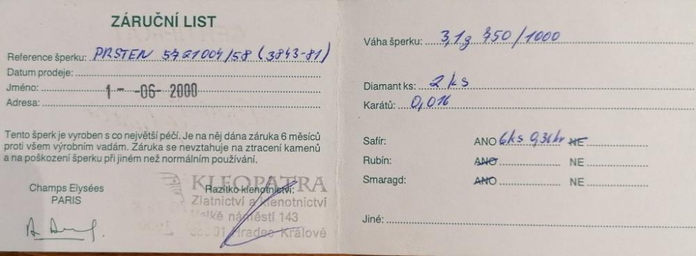 Zlatý prsten se safíry a diamanty, vel. 58