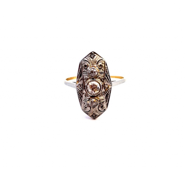 Starožitný zlatý prsten z období art deco s diamanty, vel. 54,5