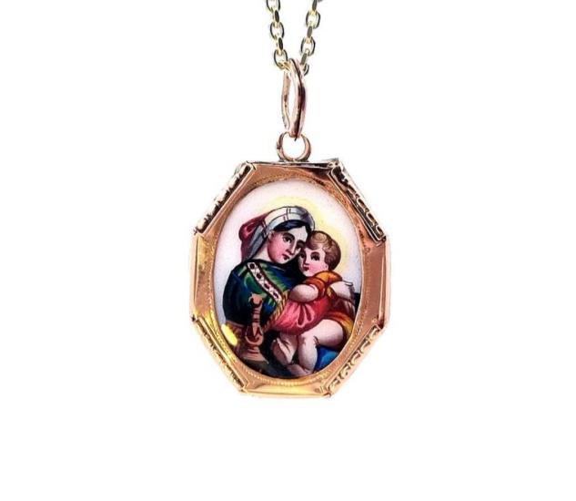 Starožitný zlatý přívěs, madonka