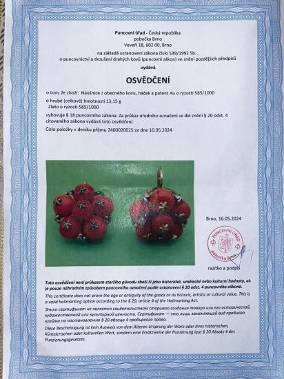 Zlaté náušnice jeřabiny, korál, visací