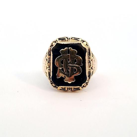 Zlatý prsten s onyxem a monogramem, vel. 52