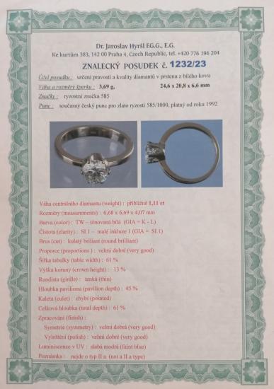 Zlatý prsten s diamantem 1,11 ct, vel. 54