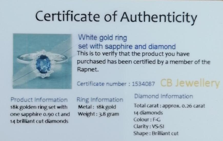 Zlatý prsten se safírem a diamanty, vel. 54,5