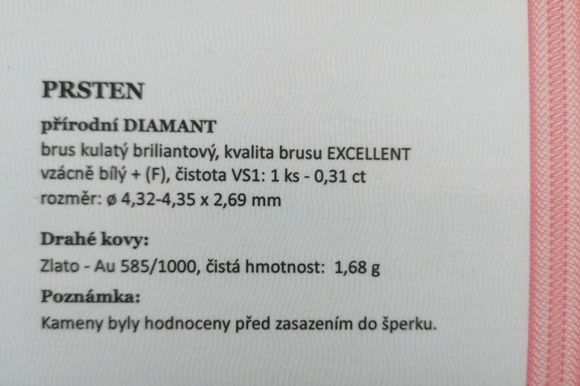 Zlatý prsten s briliantem 0,31 ct, vel. 58