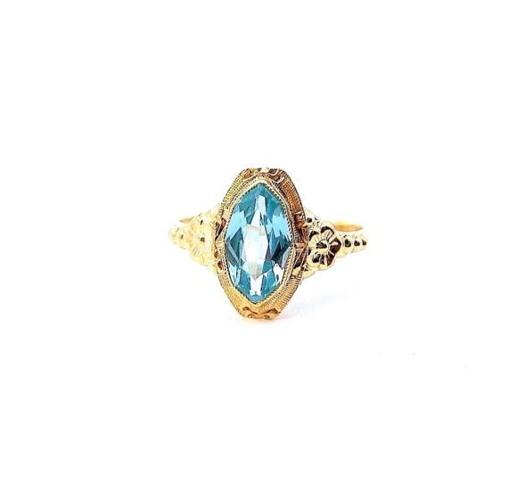 Starožitný zlatý prsten s modrým kamenem - topaz, vel. 55