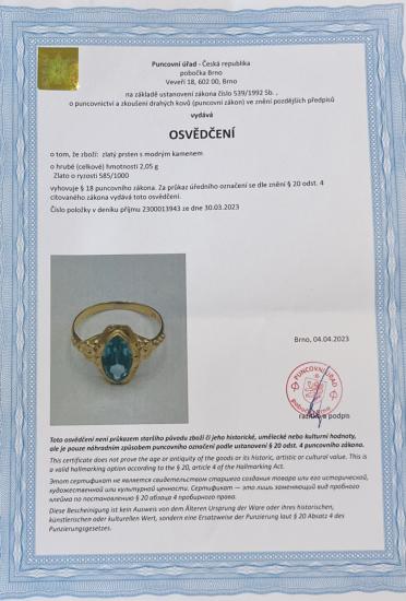 Starožitný zlatý prsten s modrým kamenem - topaz, vel. 55