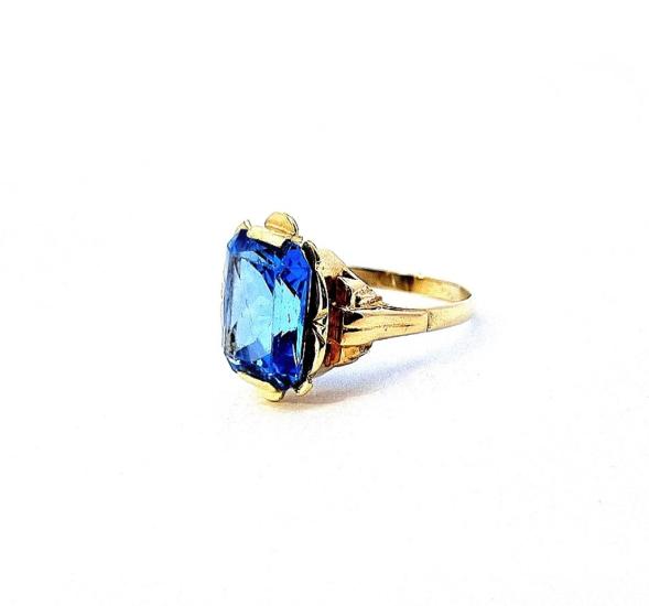 Starožitný pánský zlatý prsten s modrým kamenem - topaz, vel. 64
