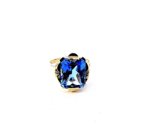 Starožitný pánský zlatý prsten s modrým kamenem - topaz, vel. 64