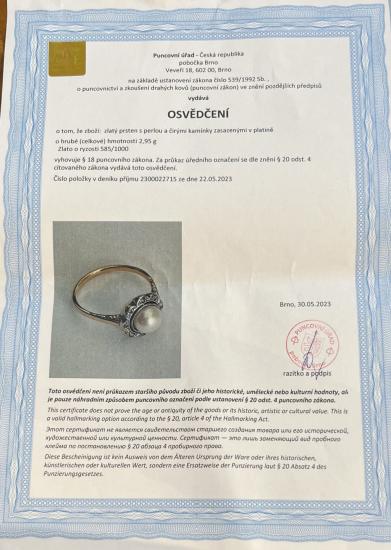 Starožitný zlatý prsten s perlou a diamanty, vel. 54