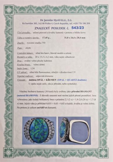 Prsten z bílého zlata s diamanty a opálem, vel. 62