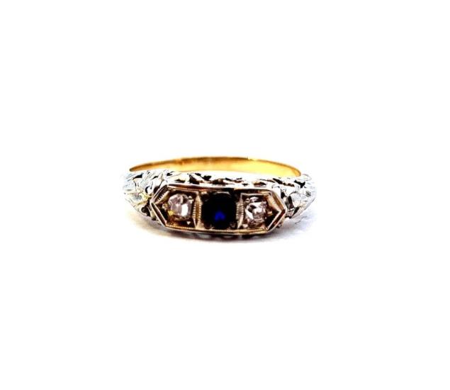 Starožitný zlatý prsten se safírem a diamanty, Art-Deco, vel. 55