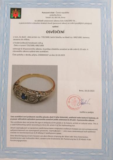 Starožitný zlatý prsten se safírem a diamanty, Art-Deco, vel. 55