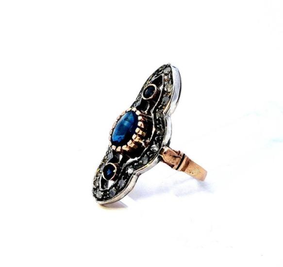 Starožitný zlatý prsten se safíry a diamanty, Art-Deco, vel. 56