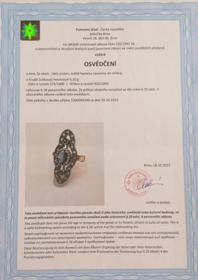 Starožitný zlatý prsten se safíry a diamanty, Art-Deco, vel. 56