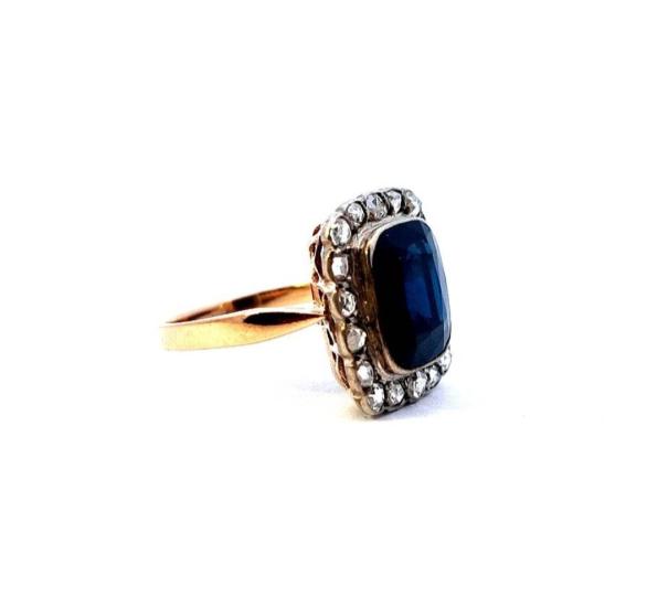 Starožitný prsten s diamanty a safírem, vel. 56