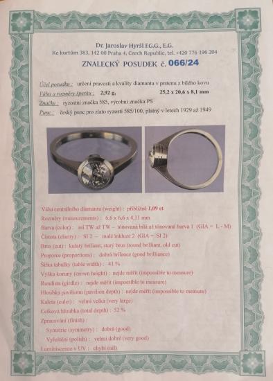 Starožitný zlatý prsten s diamantem 1,09 ct, vel. 56