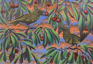 Špačci a třešně, 90 x 130 cm
